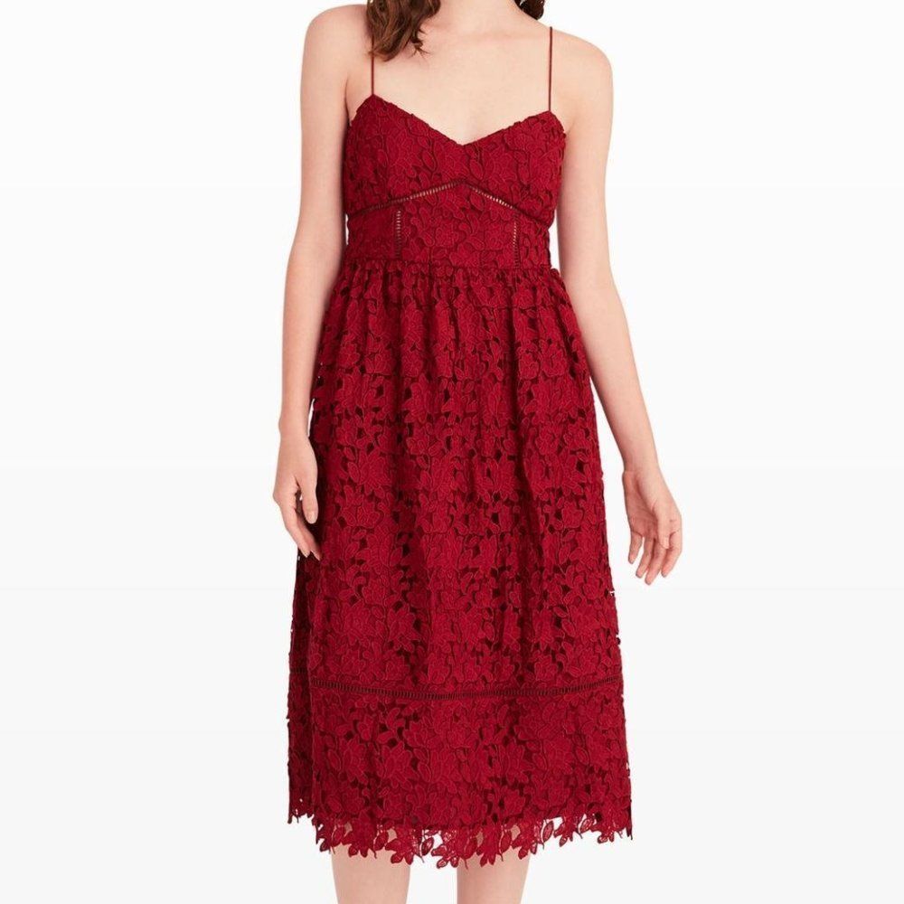 Club Monaco Dress Bolari Red Lace Cocktail Wedding Guest Trendy Classic Party